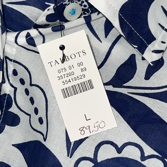 NWT TALBOTS NAVY & WHITE FLORAL PRINT BUTTON DOWN BLOUSE Sz. L - Picture 6 of 7